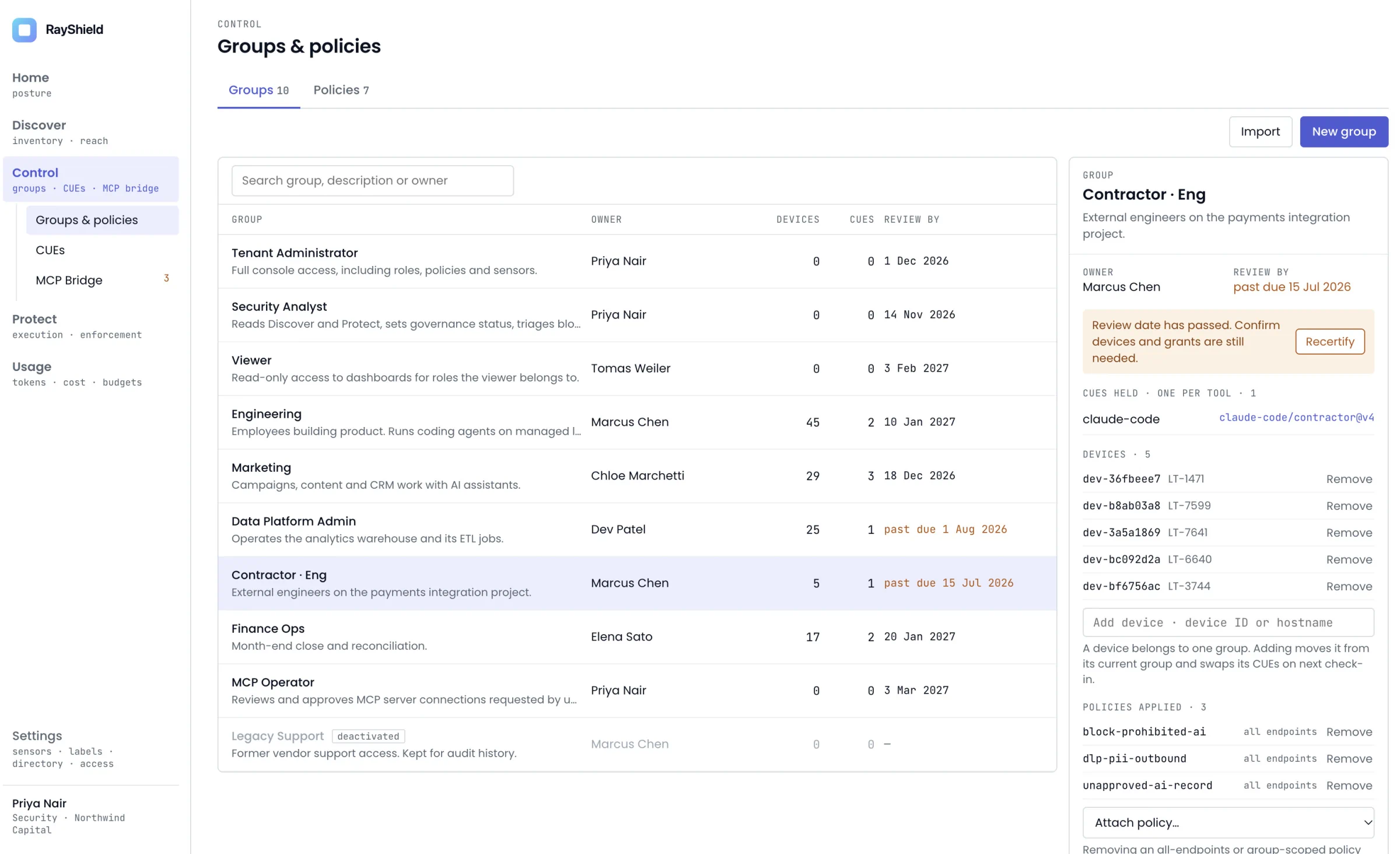 Groups and policies screen showing owners, devices, assigned CUEs and review-by dates